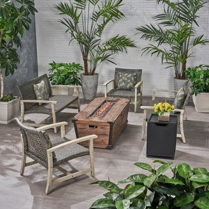 Christopher Knight Home Hampton Outdoor Acacia Wood and Wicker 6 Seater Chat Set with Fire Pit - 1 of 4
