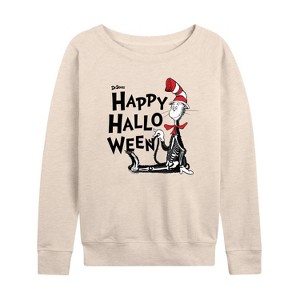 Women's - Dr. Seuss - Happy Halloween Skeleton Cat Lightweight French Terry Wide Neck Long Sleeve Shirt - 1 of 4