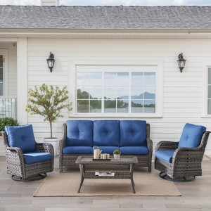 Buenhomino 4 Pieces Patio Furniture Set with Swivel Chairs, High Back Wicker Rattan Sofa with Thick Cushion and Coffee Table, Outdoor Conversation Set - 1 of 4