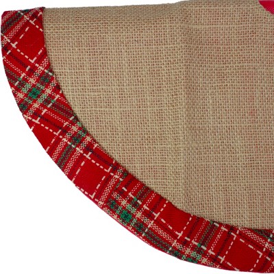 Rustic Burlap Mini Christmas Tree Skirt with Red Plaid Border