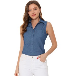 Allegra K Women's Sleeveless Lapel V Neck Button Down Chambray Shirt - 1 of 4