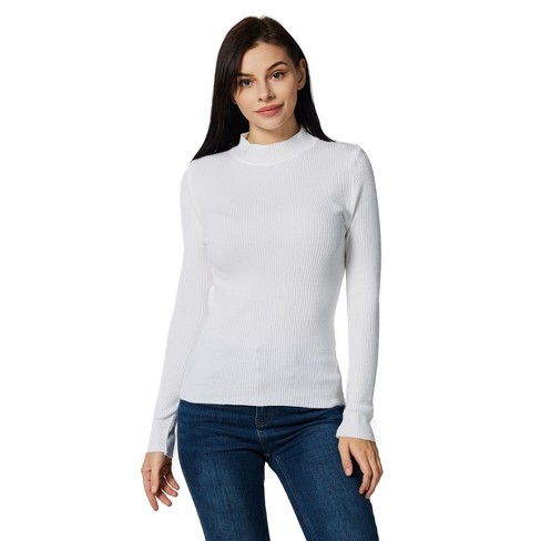 Women Ribbed White Pullover with Mock Turtleneck