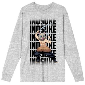 Demon Slayer Inosuke Repeat Name Text Adult Athletic Heather Crew Neck Long Sleeve Tee - 1 of 3