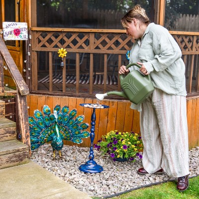 Vintage Blue Iron Pedestal Bird Feeder with Scalloped Edges