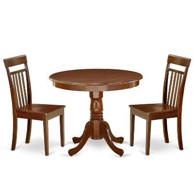 East West Furniture ANCA3-MAH-W 3Pc Rounded 36 in. Family Table And A Pair Of Wood Seat Chairs