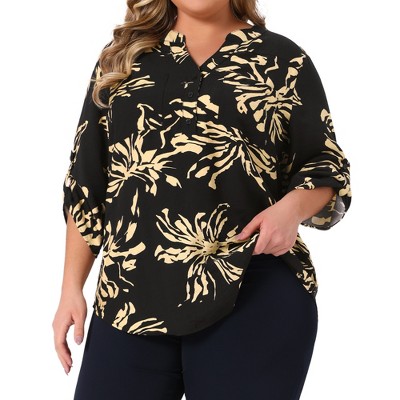 Women's Plus Size Floral Button Notch V Neck Rolled 3/4 Sleeve Casual Tunic Blouses with Pockets - Agnes Orinda