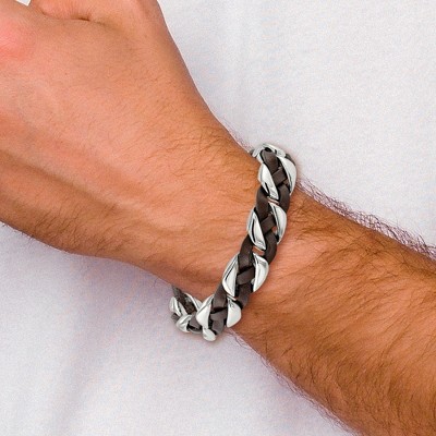Chisel Stainless Steel Polished Brown Braided Leather 8.5" Bracelet