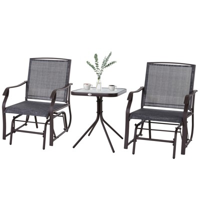 Outsunny 3 Pcs Outdoor Gliders Set Bistro Set with Glass Top Table for Patio Garden Backyard Lawn Grey