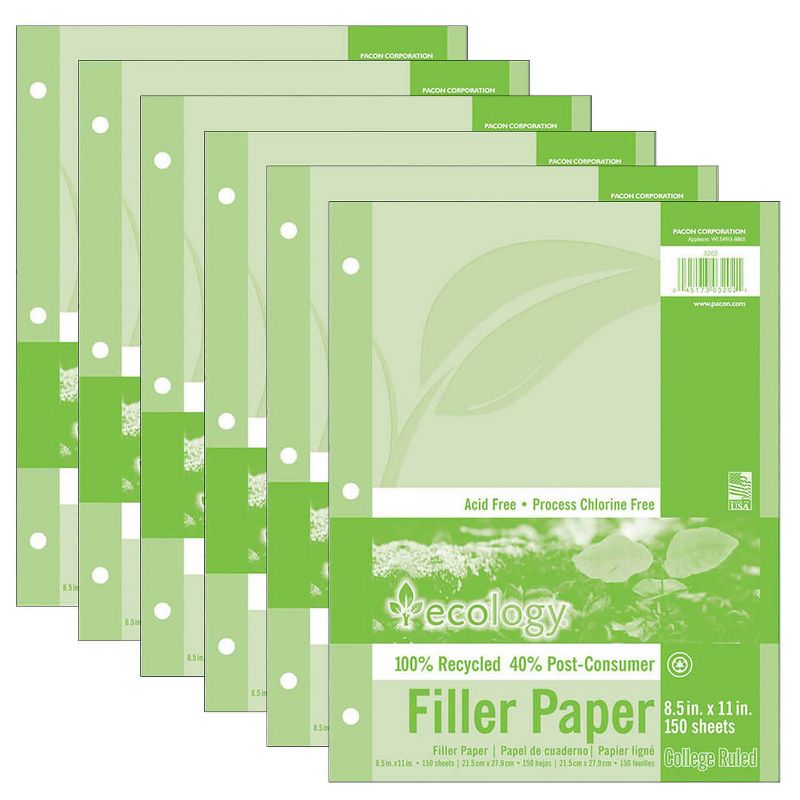Ecology® Recycled Filler Paper, White, 3-Hole Punched, 9/32" Ruled w/ Margin 8-1/2" x 11", 150 Sheets Per Pack, 6 Packs, 1 of 4