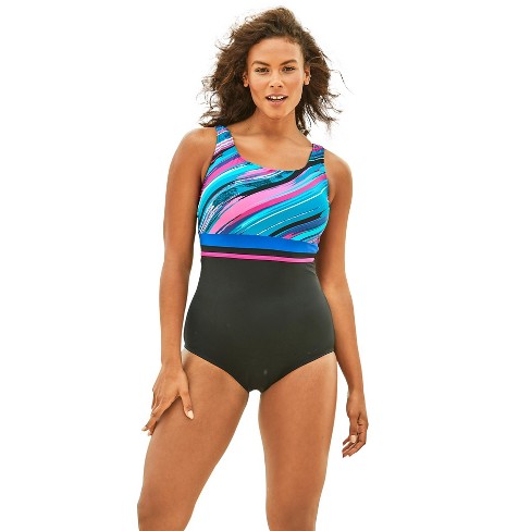 Swim 365 Women's Plus Size Empire-Waist Swimsuit with Molded Bra, 14 - Teal  Painterly Stripe