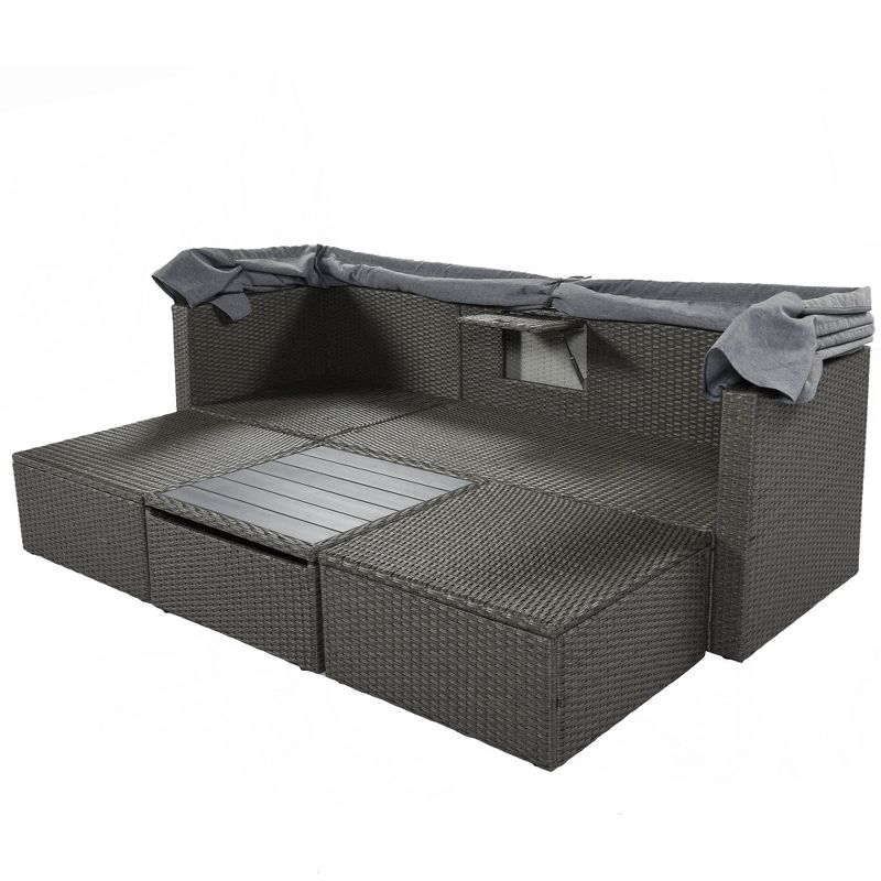 Outdoor Patio Rectangle Rattan Daybed with Retractable Canopy, Cushions and Lifting Table-ModernLuxe, 5 of 15