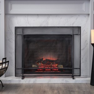 Gulches Modern Single Panel Iron Firescreen, Black Brushed Silver Finish - 1 of 4