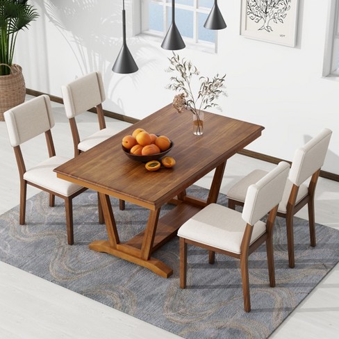 5 Pieces Modern Dining Table Set with 1 Rectangular Table and 4 Chairs  Fabric Cushion for 4 All Rubber wood Kitchen Dining Table for Dining Room  Kitchen Small Space Walnut Color and Grey 