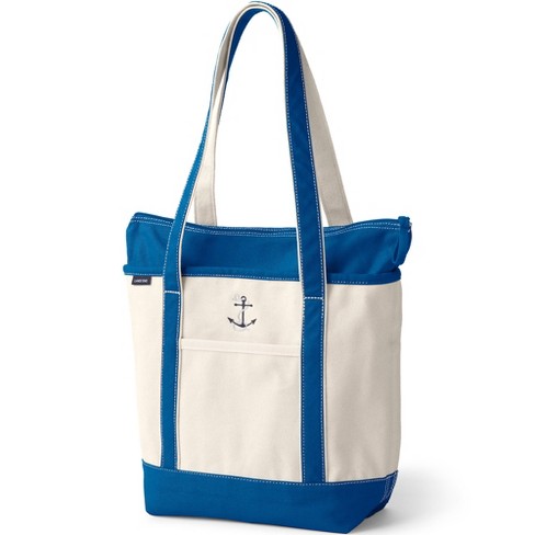 Lands' End Extra Large Natural 5 Pocket Open Top Canvas Tote Bag - -  Natural/Beacon Blue