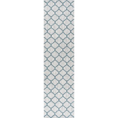 Gray and Teal Trellis Flat Woven Synthetic Rug