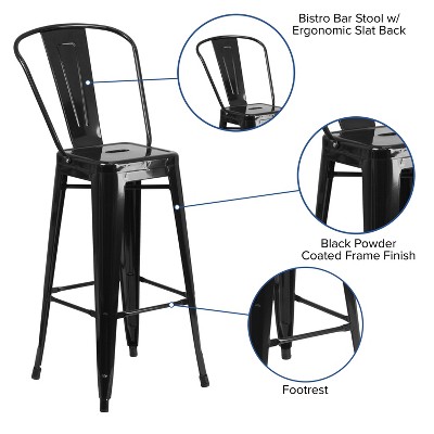 Black 30" Metal Bar Stool with Removable Back and Footrest