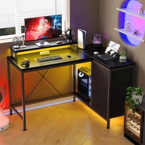 43 Inch Computer Desk, L Shaped Desk with Power Outlets and Led Lights, 3-Drawer Gaming Desk with Storage Shelves and Monitor Stand - 1 of 4