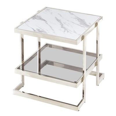 Elegant Silver & Marble Mirrored Side Table with Geometric Base