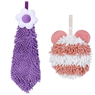 REGALWOVEN Soft Absorbent Cute Fuzzy Hanging Decorative Bathroom Chenille Hand Towel 6" x 15"/7" x 7" 2 Packs