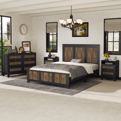 VYNXARIA Black Farmhouse Queen Size 4-Piece Bedroom Set with Platform Bed, Nightstands, and Dresser
