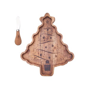 C&F Home Christmas Tree Acacia Wood Serving Board w/ Cheese Spreader 10" x 12" - 1 of 4