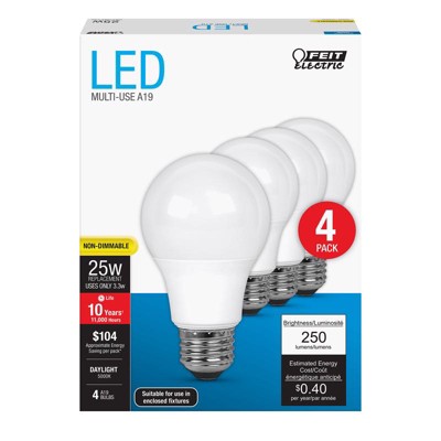 Feit Electric A19 E26 (Medium) LED Bulb Daylight 25 Watt Equivalence 4 pk