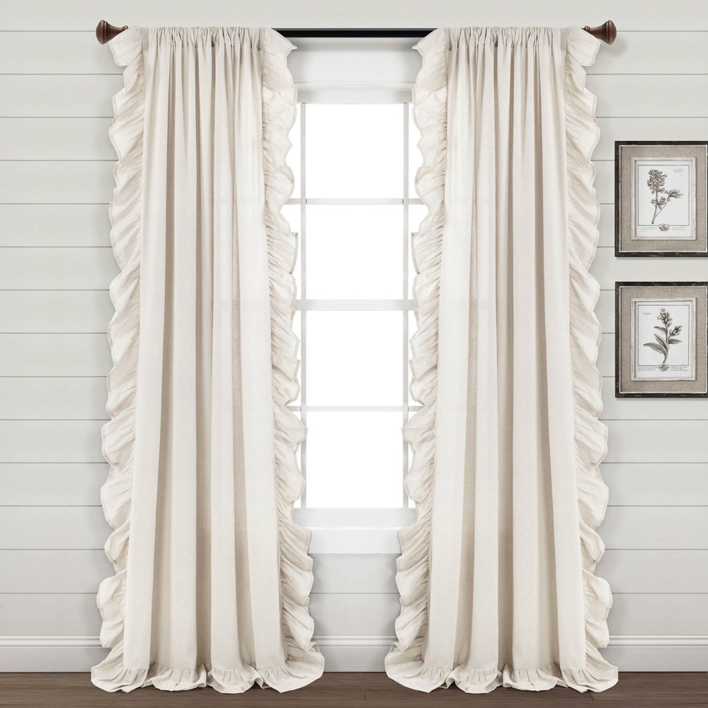 Photos - Curtain Rod / Track 95"x54" Linen Ruffle Window Curtain Panels Off White - Lush Décor