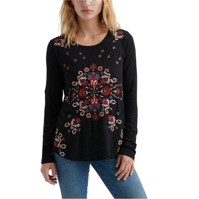 Lucky Brand Womens Embroidered Pullover Blouse, Black, X-Small