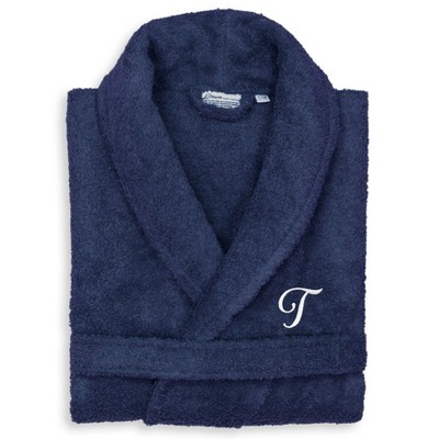 Linum Home Textiles 100% Turkish Cotton Unisex Personalized Terry Bathrobe Navy in White Script Font