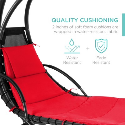 Red Hanging Curved Chaise Lounger with Cushions and Canopy