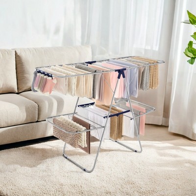 Foldable 2-Level Clothes Drying Rack with Adjustable Height Wings, 33 Drying Rails, and Sock Clips, Free-Standing Laundry Rack Clothes Dryer.