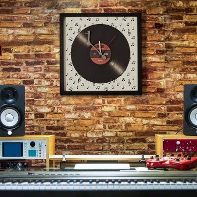 Vintage Black and White Vinyl Record Wall Clock with Hardwood Frame