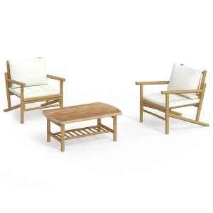 vidaXL 3 Piece Patio Lounge Set with Cream White Cushions Bamboo - 1 of 4