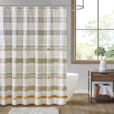 LunaLulinlk Cotton Stripe Printed Shower Curtain with Tassel