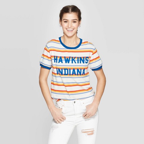 Women S Stranger Things Hawkins Indiana Striped Short Sleeve T