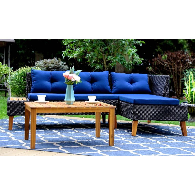 3pc Outdoor Acacia Wood Conversation Set with Sectional Sofa &#38; Cushions - Captiva Designs, 6 of 12