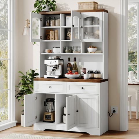 Garvee 70.8 in Tall Kitchen Pantry Cabinet with Hutch Fluted Glass Doors and 2 Drawers, Multifunctional Storage Cabinet for Dining Room - Brown White