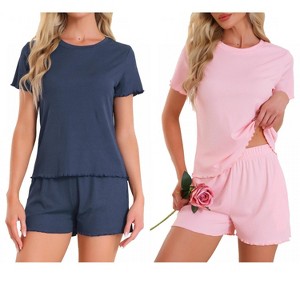 INSPIRE CHIC Women's 4 Pcs Ribbed Knit Soft Short-Sleeve Top & Shorts Ruffled Lounge Pajama Set with Pocket - 1 of 4