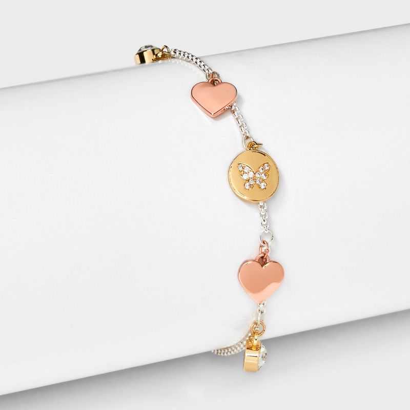 Silver Plated Tri-Tone Cubic Zirconia Butterfly and Heart Adjustable Bolo Bangle Bracelet - Rose Gold/Gold/Silver, 2 of 5