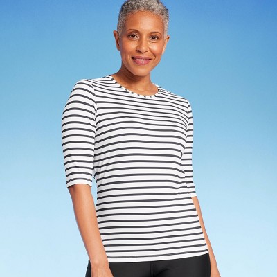 Женский плавательный топ Rashguard от Lands End, темно-синий, белый, с коротким рукавом Rash