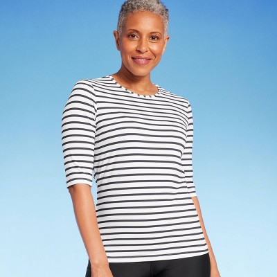 Lands' End Women's Upf 50 Striped Crewneck Half Sleeve Rash Guard - Navy  Blue/white : Target