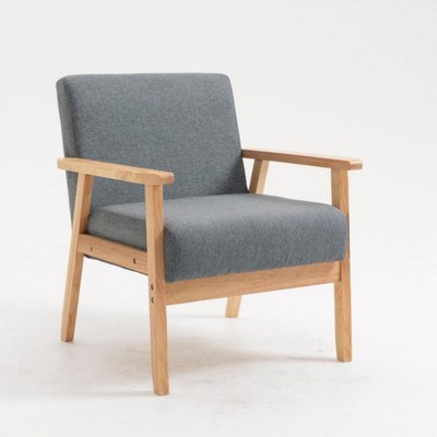 Elegant Mid-Century Modern Gray Linen and Wood Accent Chair