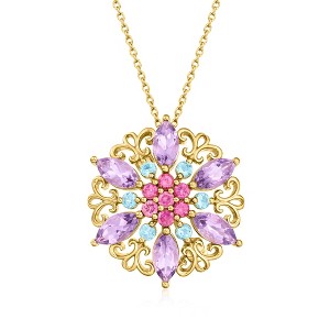 Ross-Simons 3.40 ct. t.w. Multi-Gemstone Flower Pin/Pendant Necklace in 18kt Gold Over Sterling Size 18 - 1 of 4