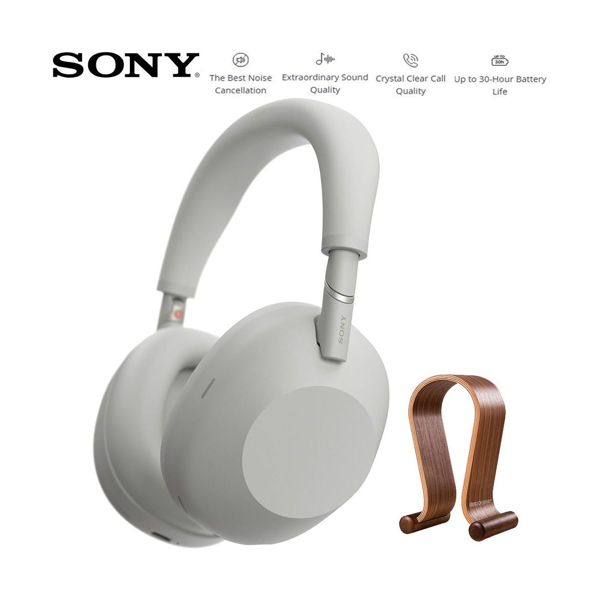 Sony WH-1000XM6 Wireless Noise Canceling Headphones, Platinum Silver with Wood Headphone Stand