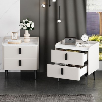 Lycvki Nightstand with 2 Drawers and Marble-Pattern Tabletop