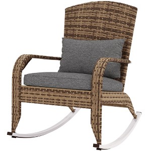 Adirondack Chair, Outdoor Wicker Rocking Chair with High Back, Seat Cushion, and Pillow for Porch, Balcony - 1 of 4