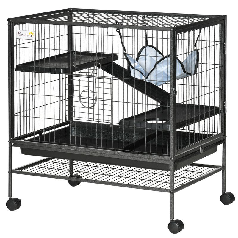 PawHut 3-Storey Small Animal Cage, Metal Ferret Cage, Chinchilla Play House, with Casters Hammock No Leaking Tray Storage Shelf, 31.5"x20.5"x33", 4 of 7
