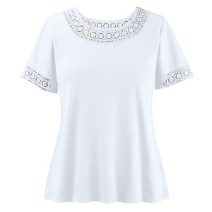 Collections Etc Flattering Crochet Lace Trim Short Sleeve Cotton Tee - 1 of 4