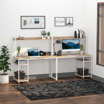 HomCom 94" Industrial Modern Double 2-Person Computer Desk with Hutch and Storage Shelves