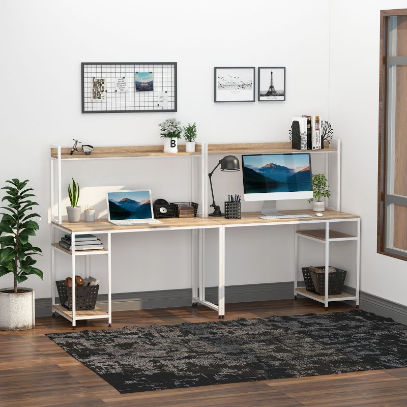 HOMCOM 94.5in Industrial Double Computer Desk with Hutch and Storage Shelves, Extra Long Home Office Writing Table 2 Person Workstation, CPU Stand, 3 of 9